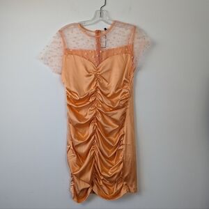 Women's Peach Polka Dot Mesh Detail Dress - L